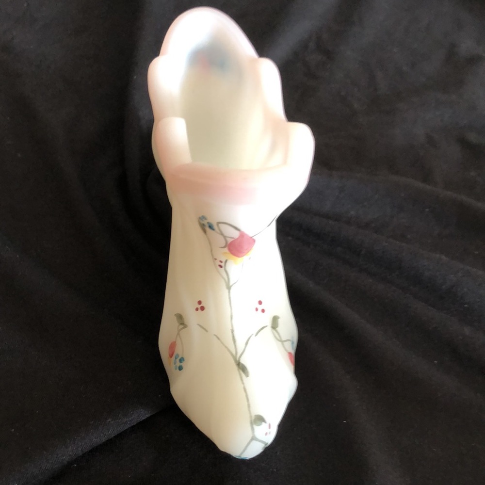 Fenton White Satin w/ pink . Hand Painted Shoe, Boot , Slipper with Flowers . - Picture 2 of 6
